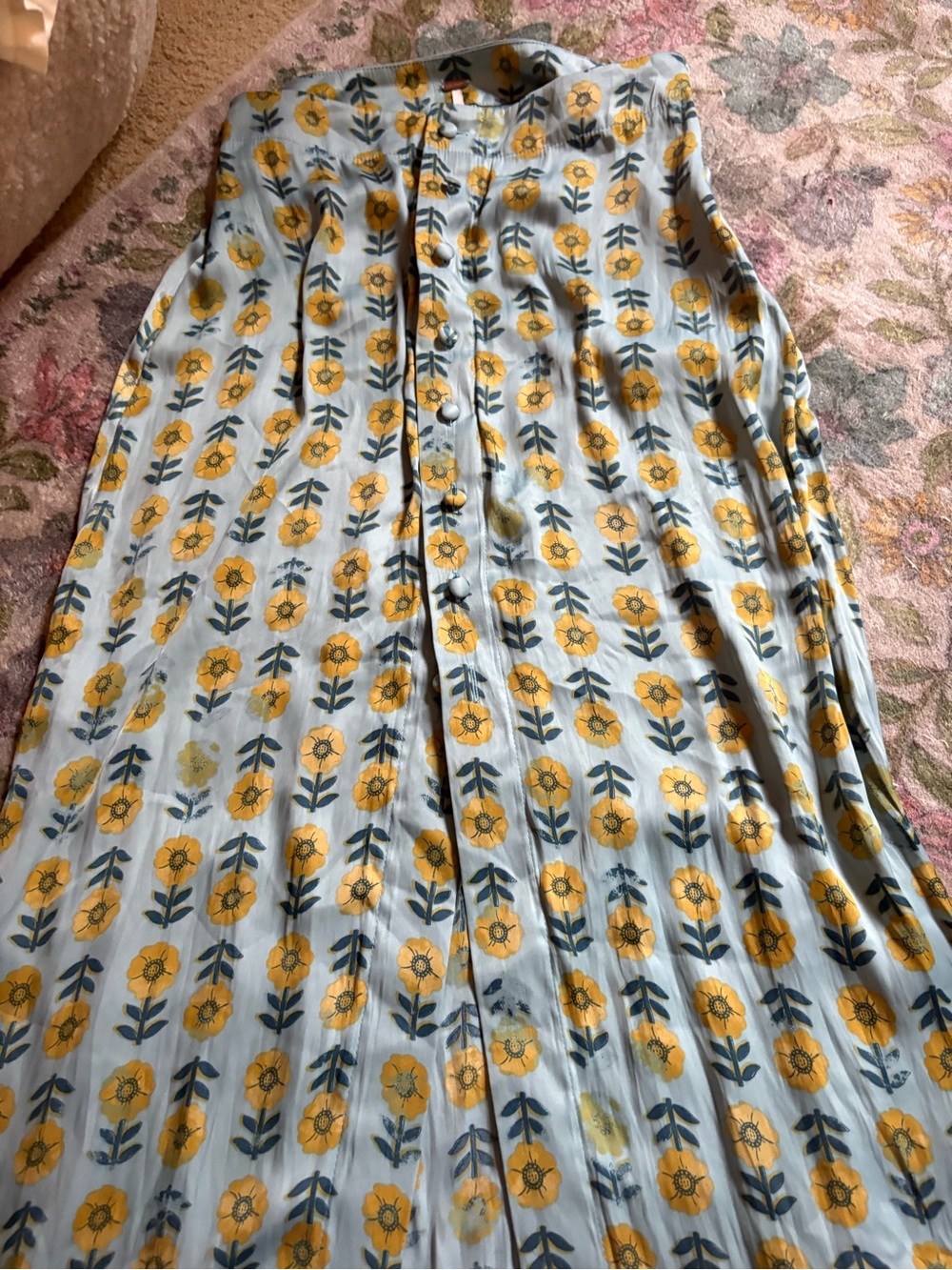 Free People Light Blue Midi Skirt with Yellow Floral Print